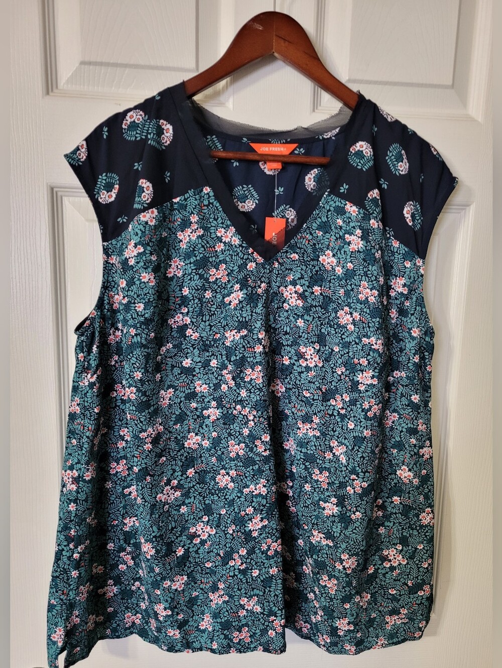 Joe Fresh Navy & Teal Floral V-Neck Cap Sleeve Top